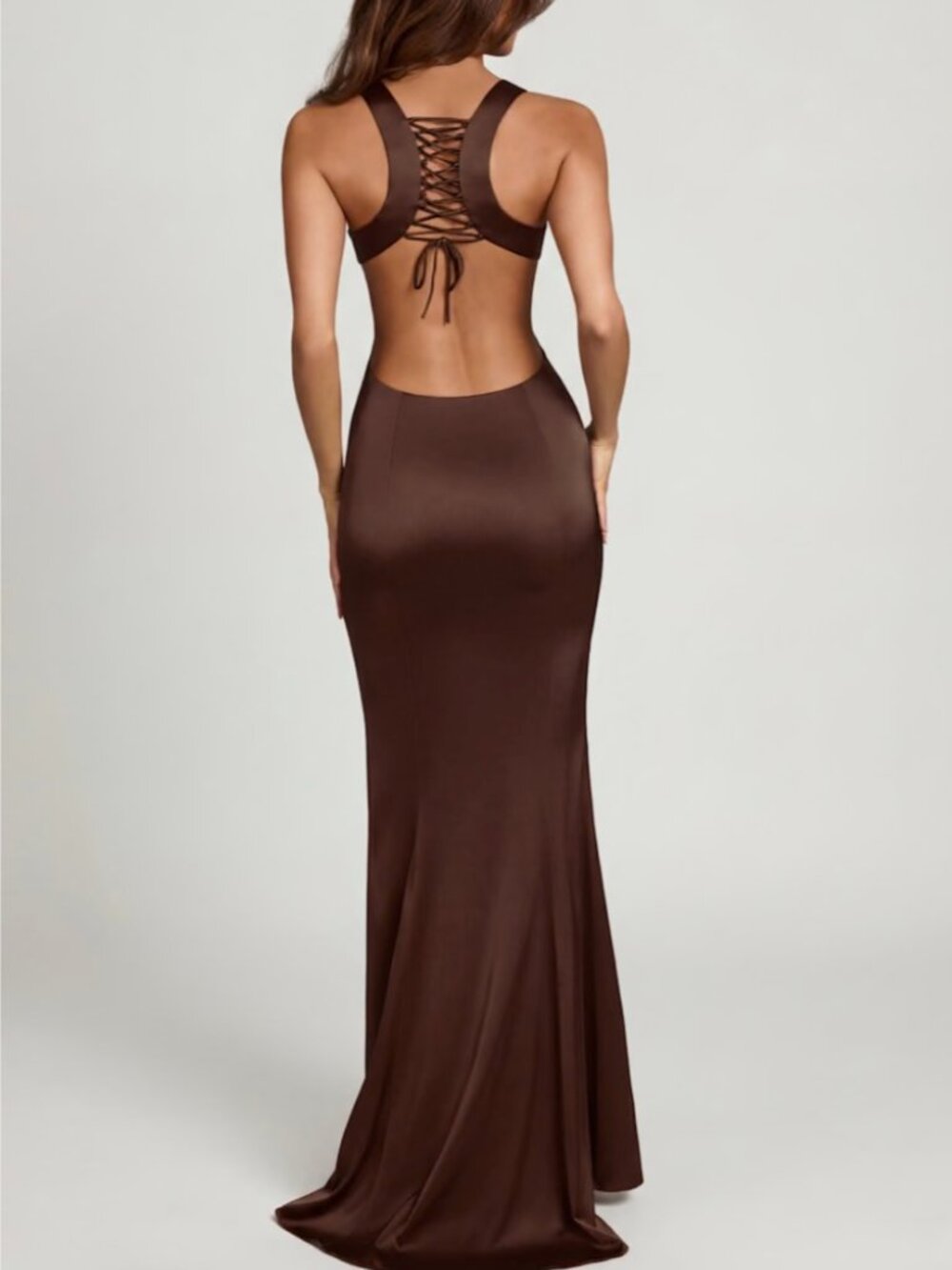 Oh Polly Chocolate Satin Lace-Up Maxi Dress – NWT
